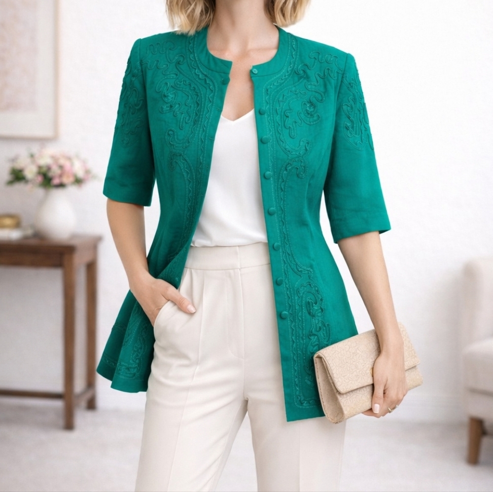 R&M Richards Vintage Teal Embroidered Short Sleeve Jacket